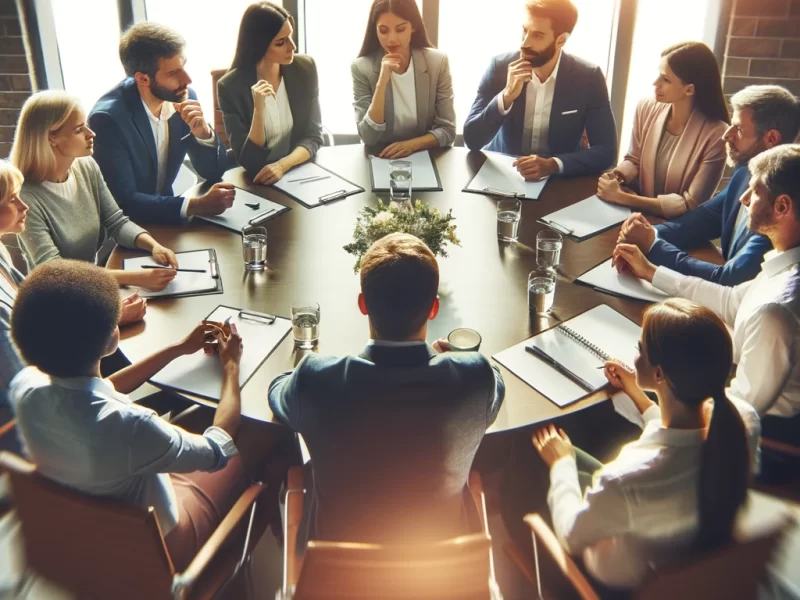 Business meeting around a table resolving conflict