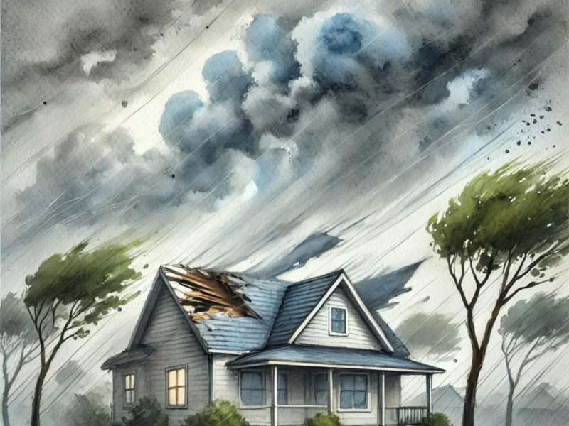 Here’s the updated watercolor image, now showing the roof partially blowing off during a strong storm. This visual really emphasizes the vulnerability of homes and the importance of insurance protection.